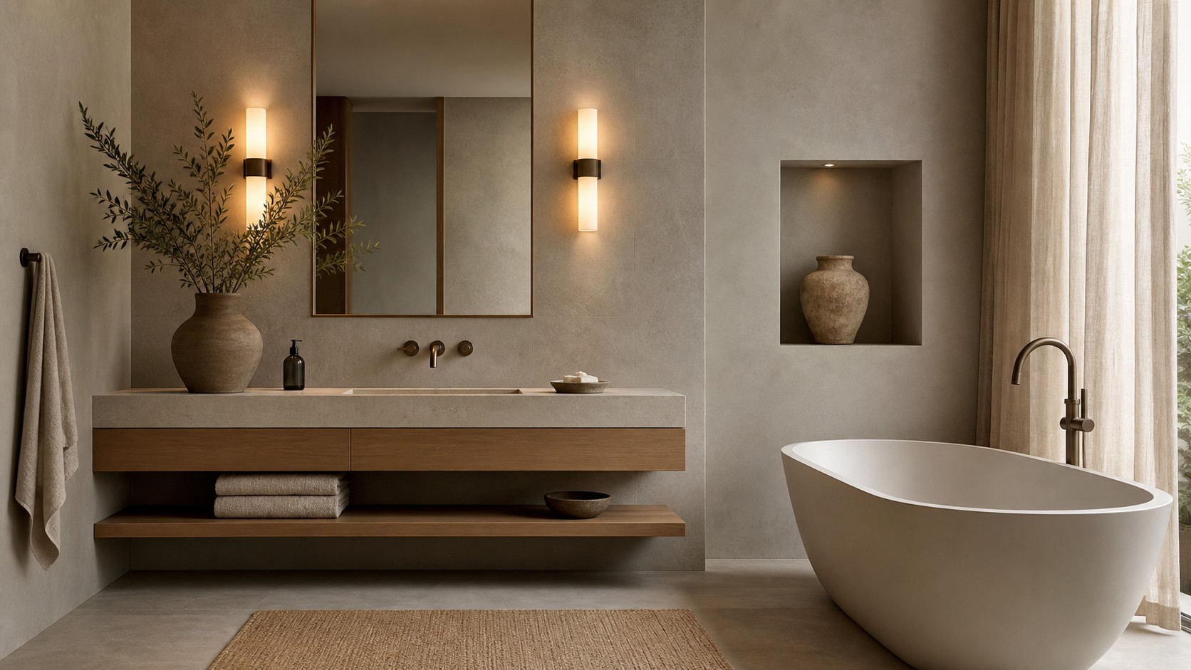 Serene modern oasis bathroom with floating vanity, warm sconces, greige stone, freestanding tub, and linen curtain.