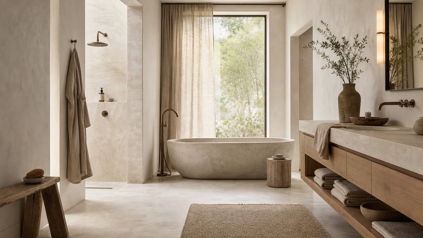 Serene luxury spa bathroom with warm white plaster, pale limestone tub, taupe linen curtain, light oak vanity, and soft daylight.