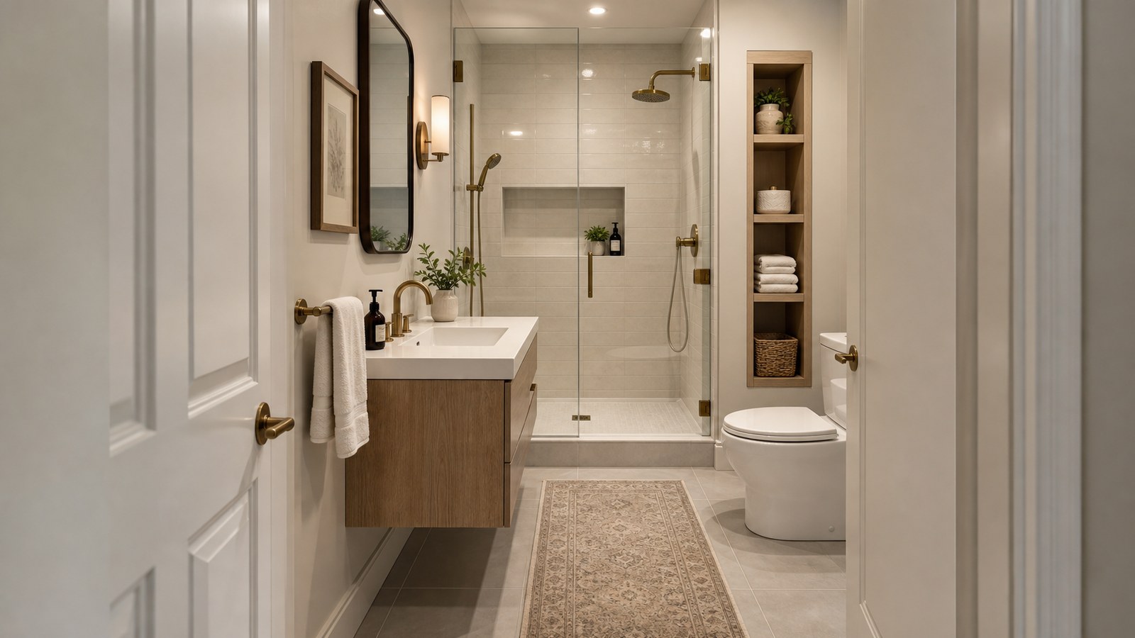 Small Bathroom Layout Ideas That Actually Work shown as a polished editorial bathroom interior