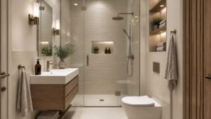 Small Bathroom Layouts With Showers Only (No Tub Required) shown as a polished editorial bathroom interior