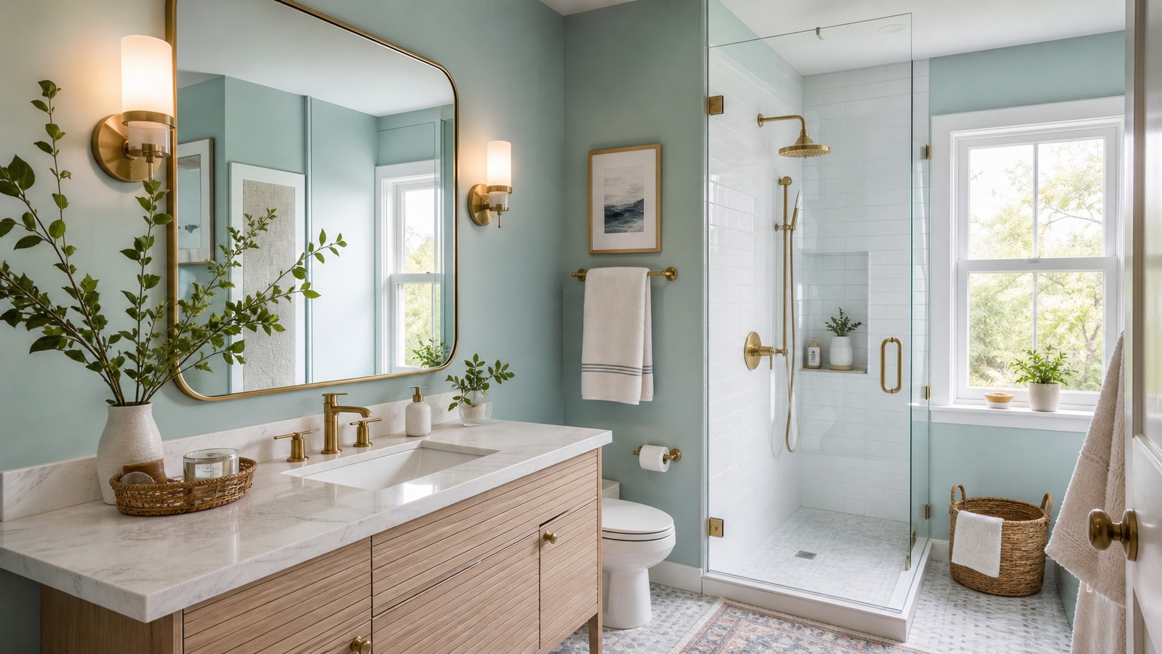 Small bathroom with oversized mirror, pale blue-green walls, glossy white tile, slim vanity, glass shower, sconces, and bright window light.