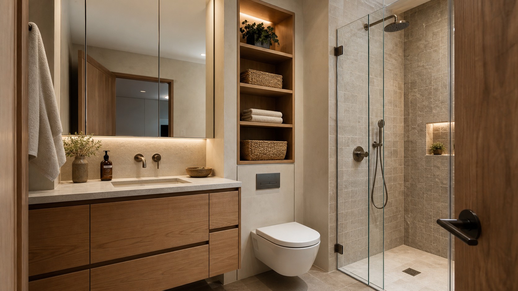 Small bathroom with made-to-fit vanity, built-in linen niche, tailored mirror cabinet, wall-hung toilet, tiled shower, and precise millwork.