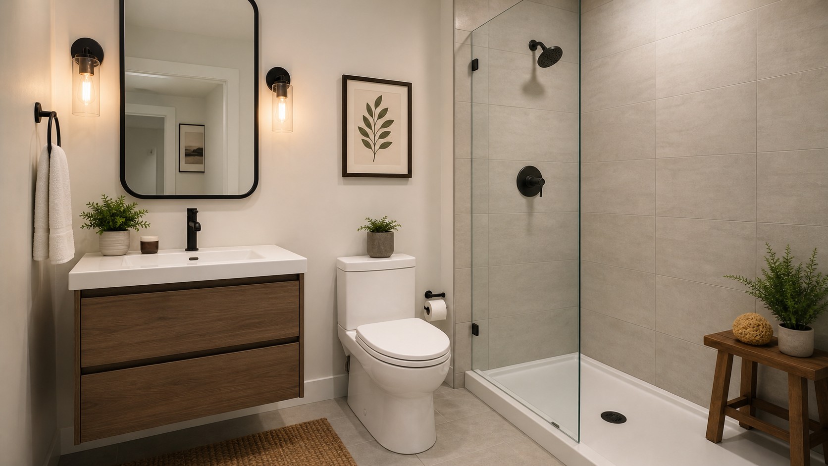 Small bathroom with affordable large-format tile, simple floating vanity, black framed mirror, upgraded faucet, glass panel, and polished styling.