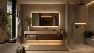 Smart modern oasis bathroom with hidden controls, backlit mirror, warm stone surfaces, glass shower, and integrated lighting.