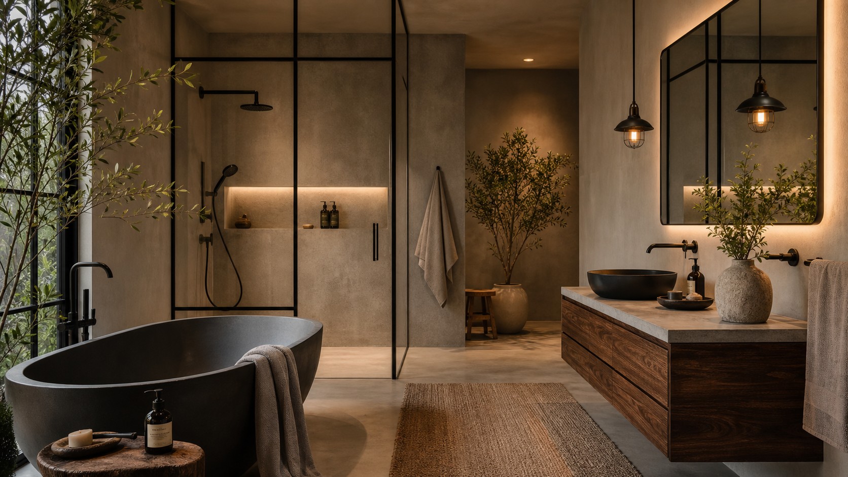 Soft industrial modern oasis bathroom with black-framed glass, warm concrete walls, walnut vanity, matte tub, and ambient lighting.