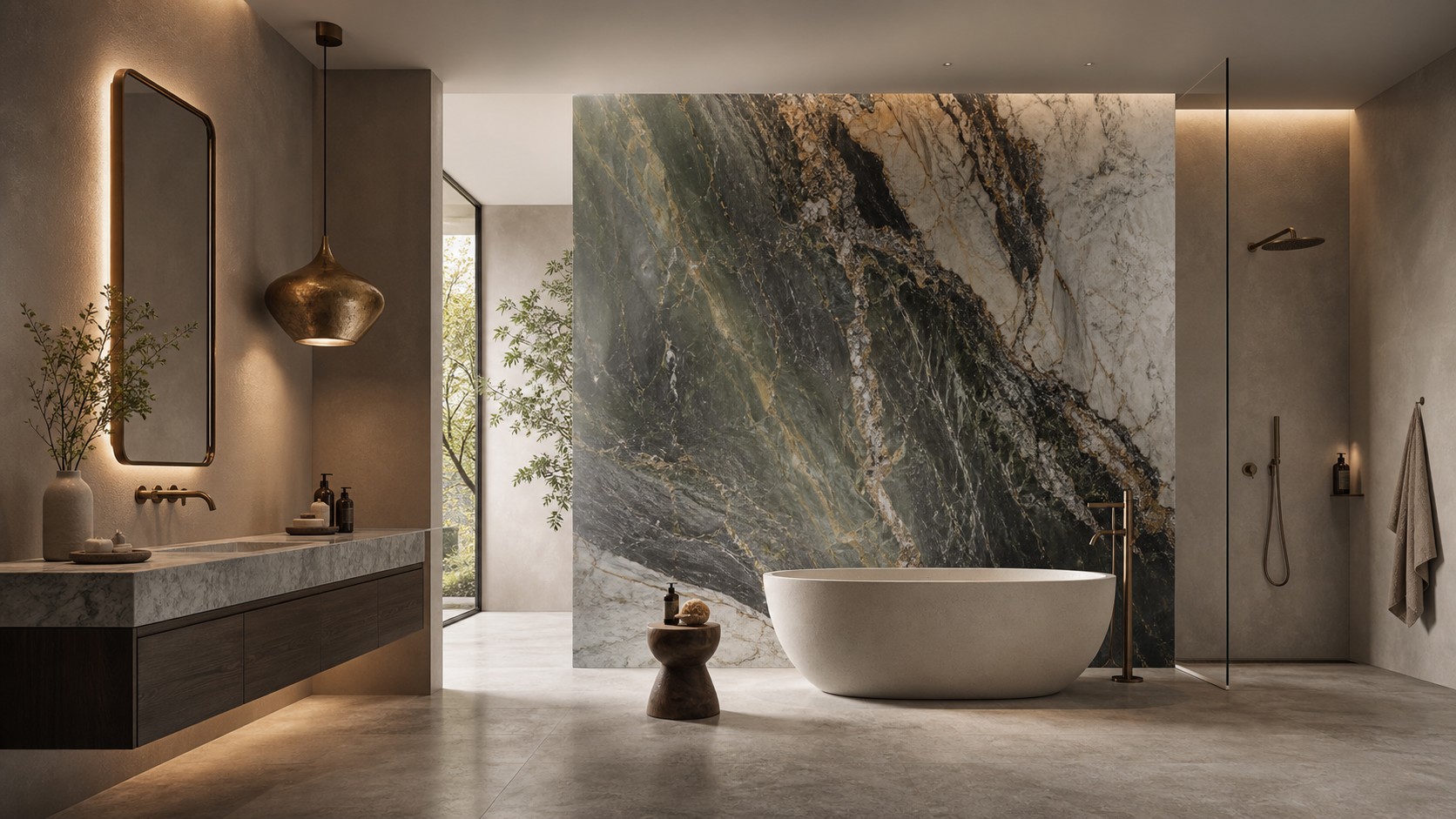 Spa bathroom with minimal layout, dramatic marble slab wall, slim floating vanity, freestanding tub, pendant light, and frameless shower.