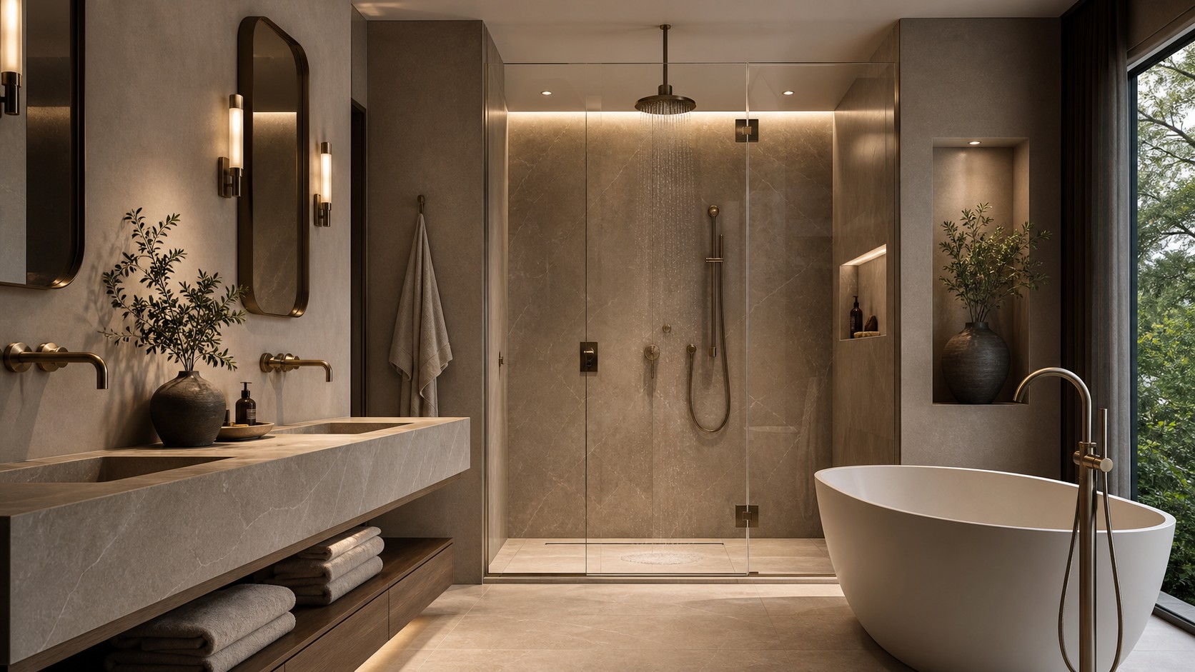 Luxury spa bathroom with designer wall faucets, rain shower, hand shower rail, freestanding tub filler, stone vanity, and glass shower.
