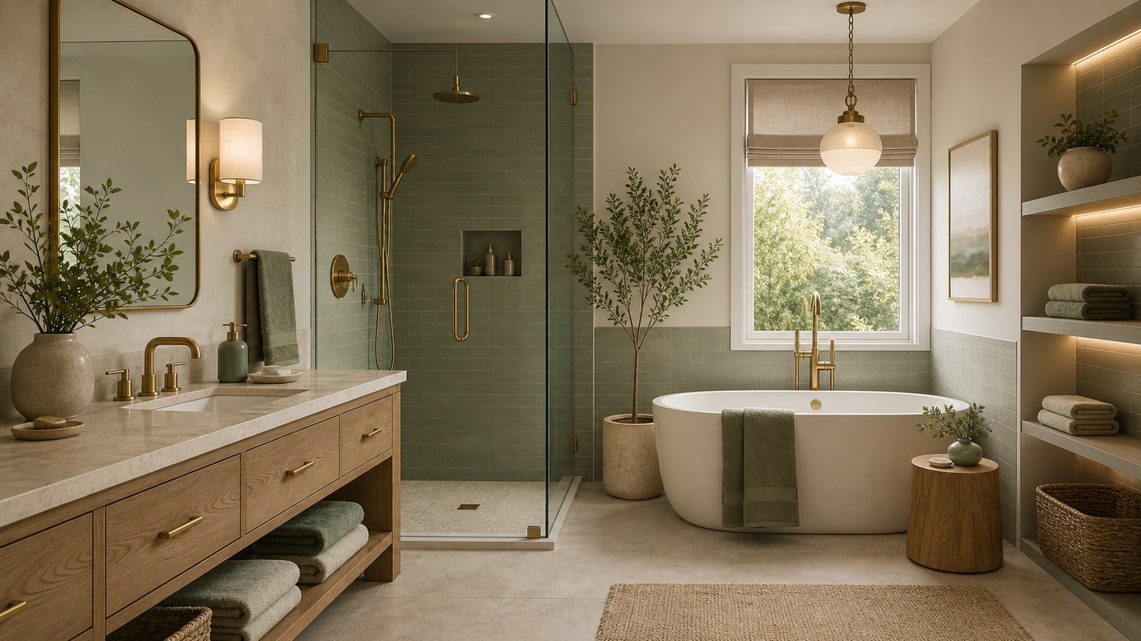 The Ultimate Guide to Color Harmony in Design shown as a polished editorial bathroom interior