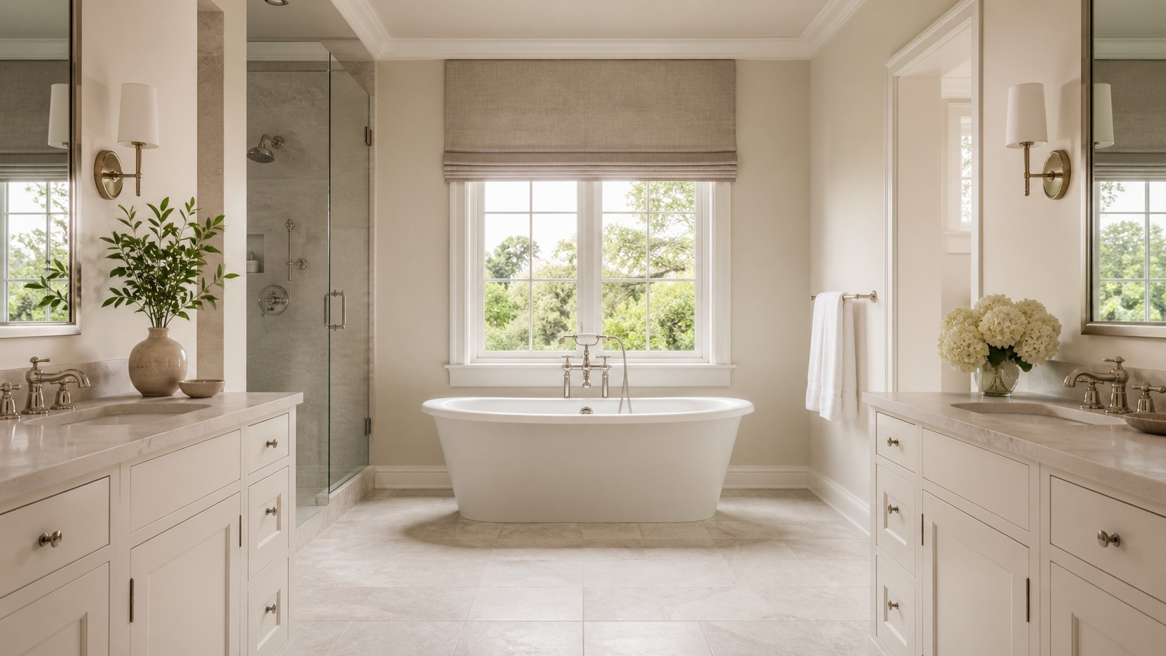 Timeless luxury spa bathroom with balanced double vanities, freestanding tub, honed stone, classic fixtures, Roman shade, and quiet symmetry.
