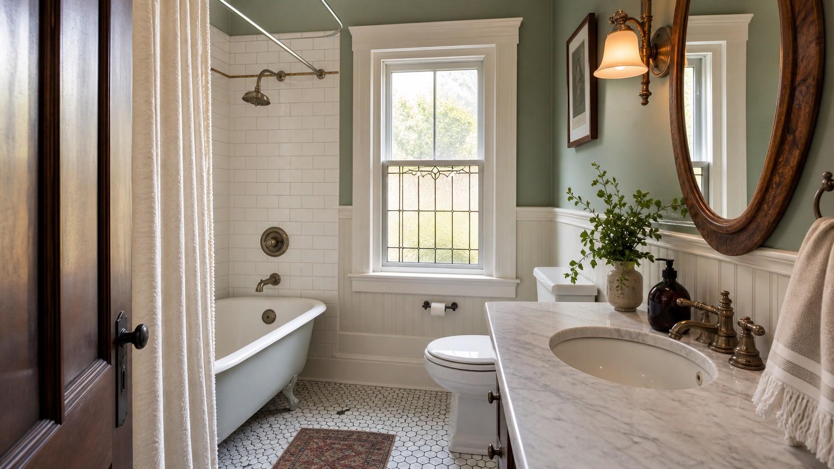 Tiny older-home bathroom with preserved trim, clawfoot-style tub-shower, classic tile, updated vanity, old window, and warm vintage character.