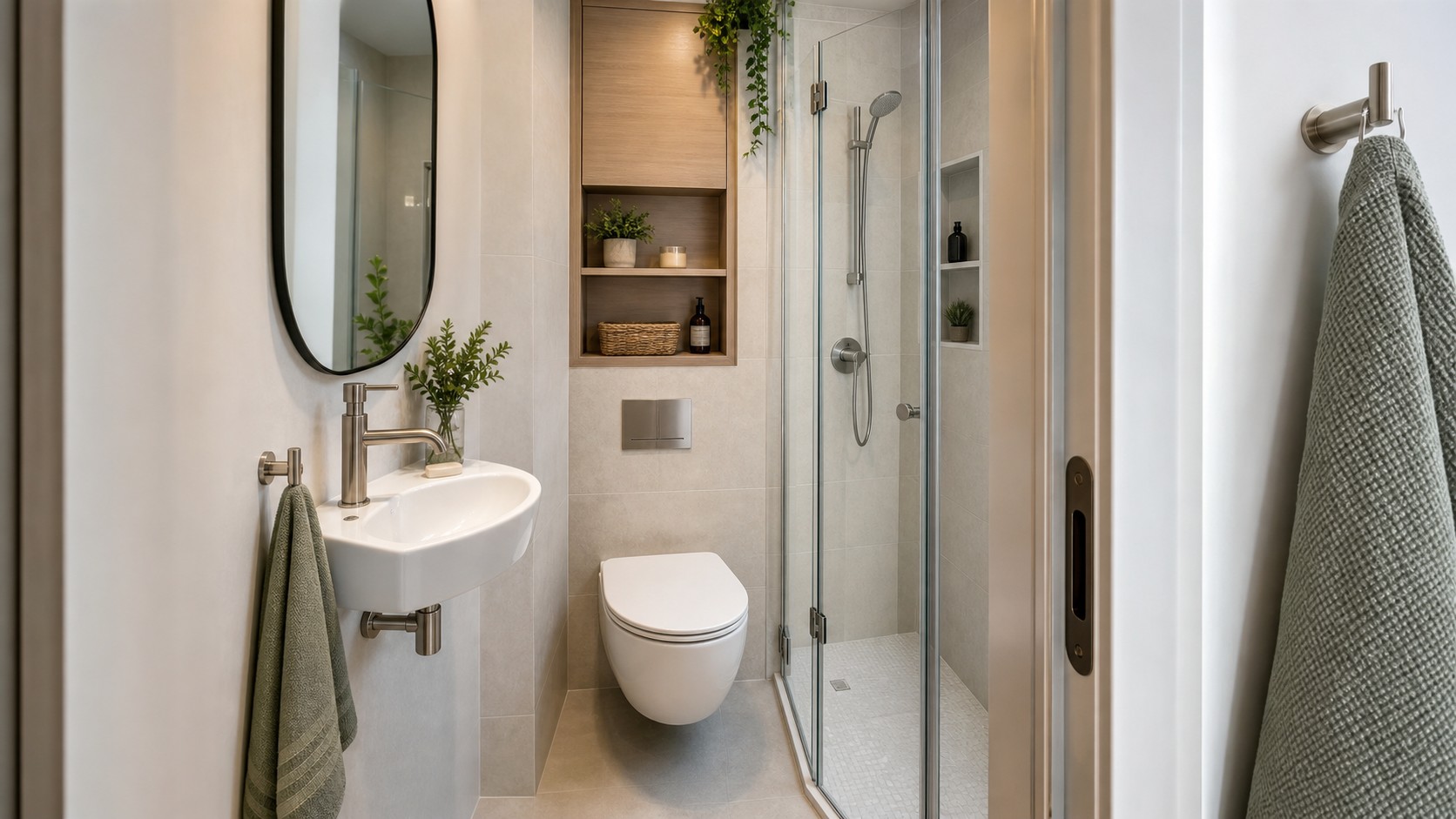 Tiny bathroom with corner sink, wall-hung toilet, narrow glass shower, recessed cabinet, pocket door edge, hooks, and light tile.