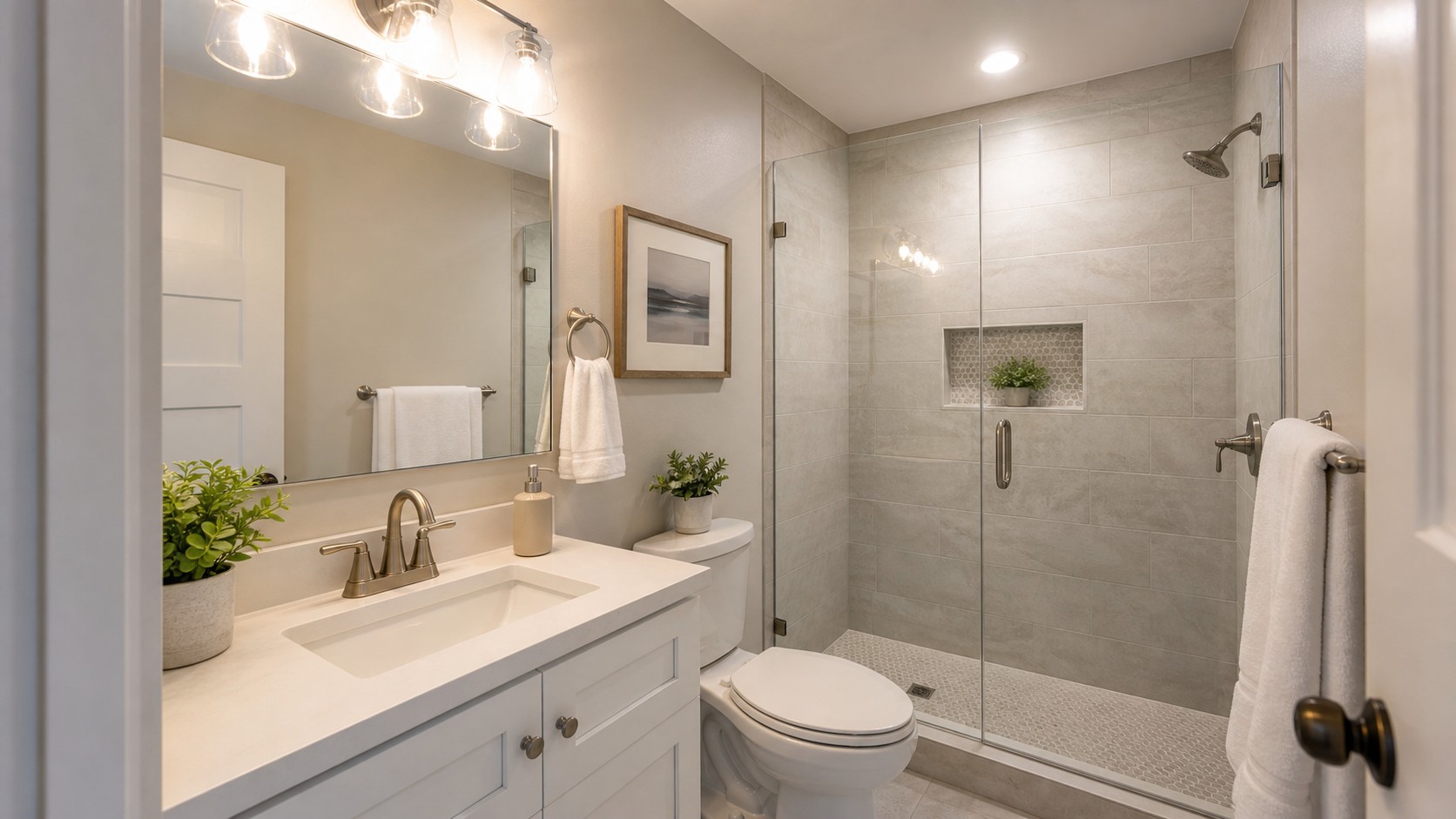 Tiny bathroom remodel with neutral tile, white vanity, frameless shower door, brushed metal fixtures, mirror lighting, and resale-friendly finishes.