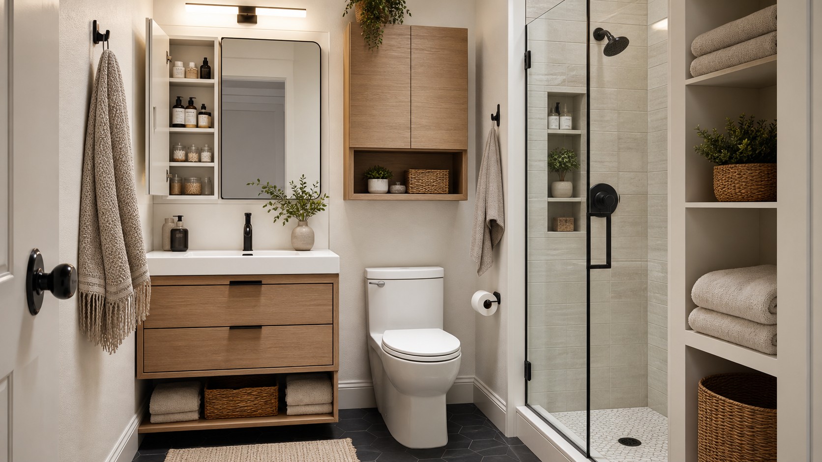 Tiny bathroom with recessed medicine cabinet, over-toilet cabinet, vanity drawers, towel cubbies, hooks, and shower niche.
