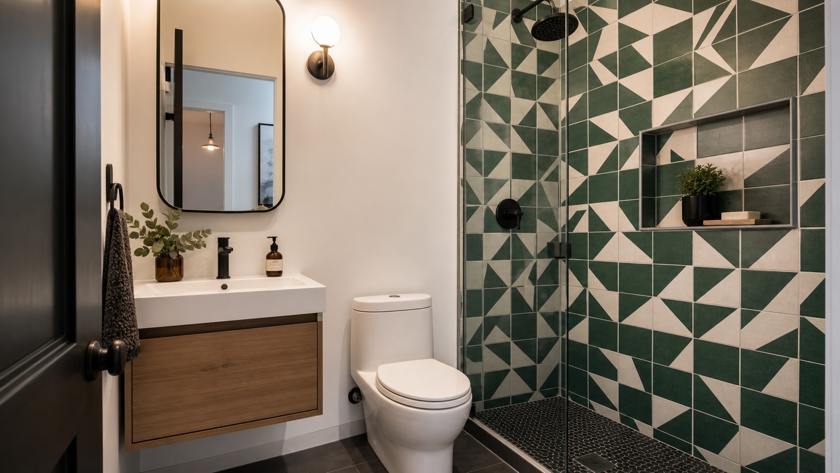 Tiny bathroom with bold green geometric shower tile, simple white fixtures, small floating vanity, glass panel, and restrained accessories.
