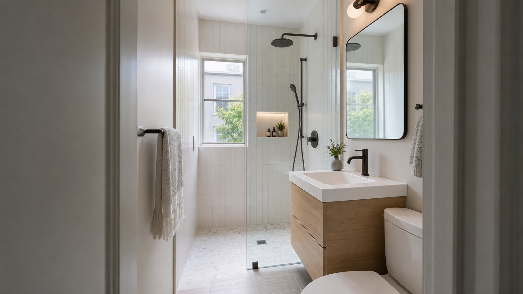 Tiny bathroom with curbless walk-in glass shower, small floating vanity, wall niche, light tile, and bright window.