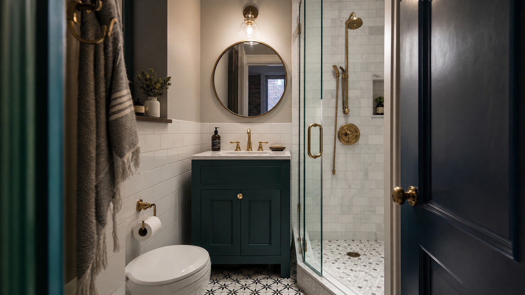 Stylish tiny bathroom with deep green vanity, patterned floor tile, glass shower, brass fixtures, round mirror, and compact layout.