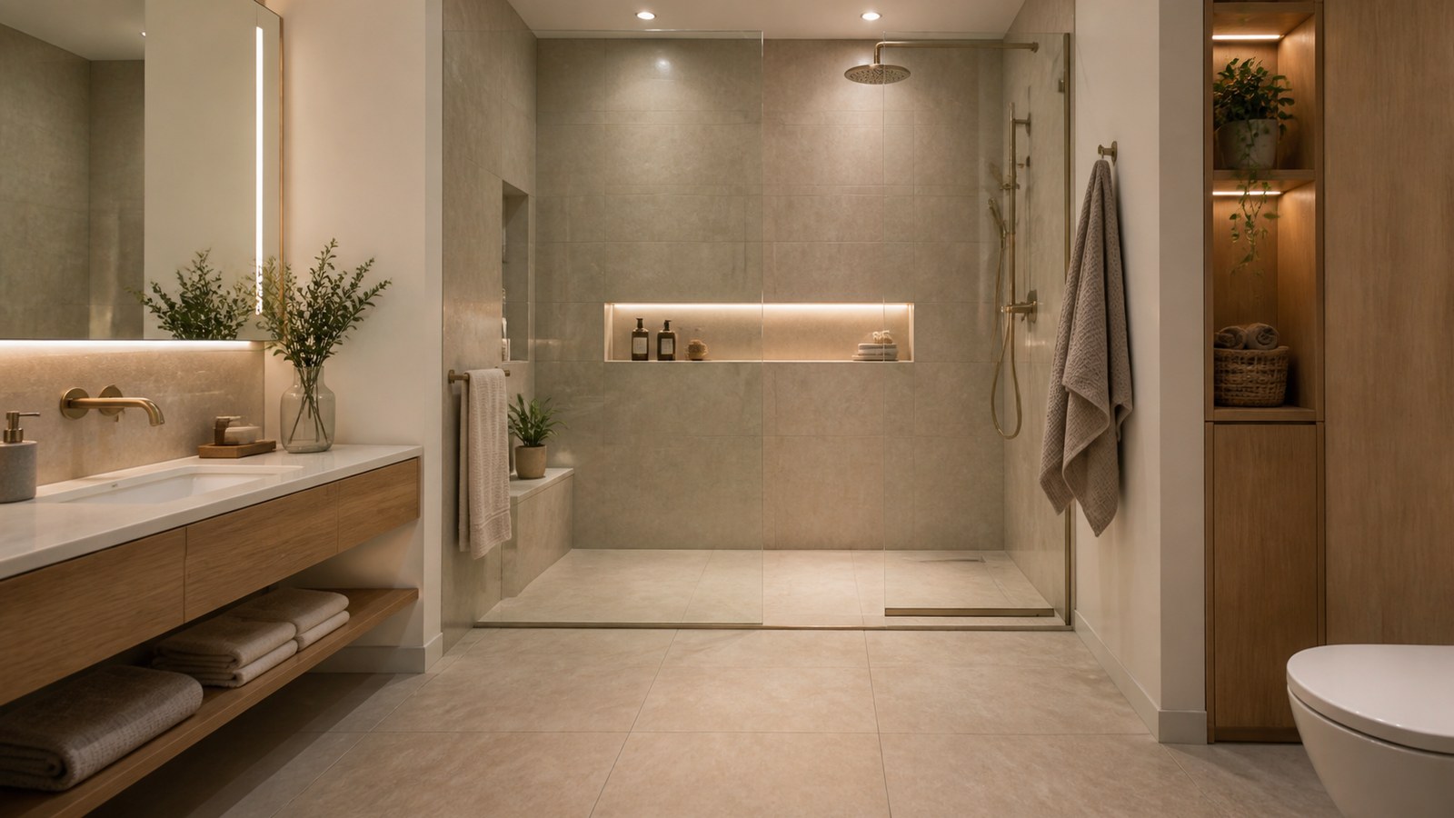 Walk-In Shower Bathroom Layouts That Maximize Space shown as a polished editorial bathroom interior