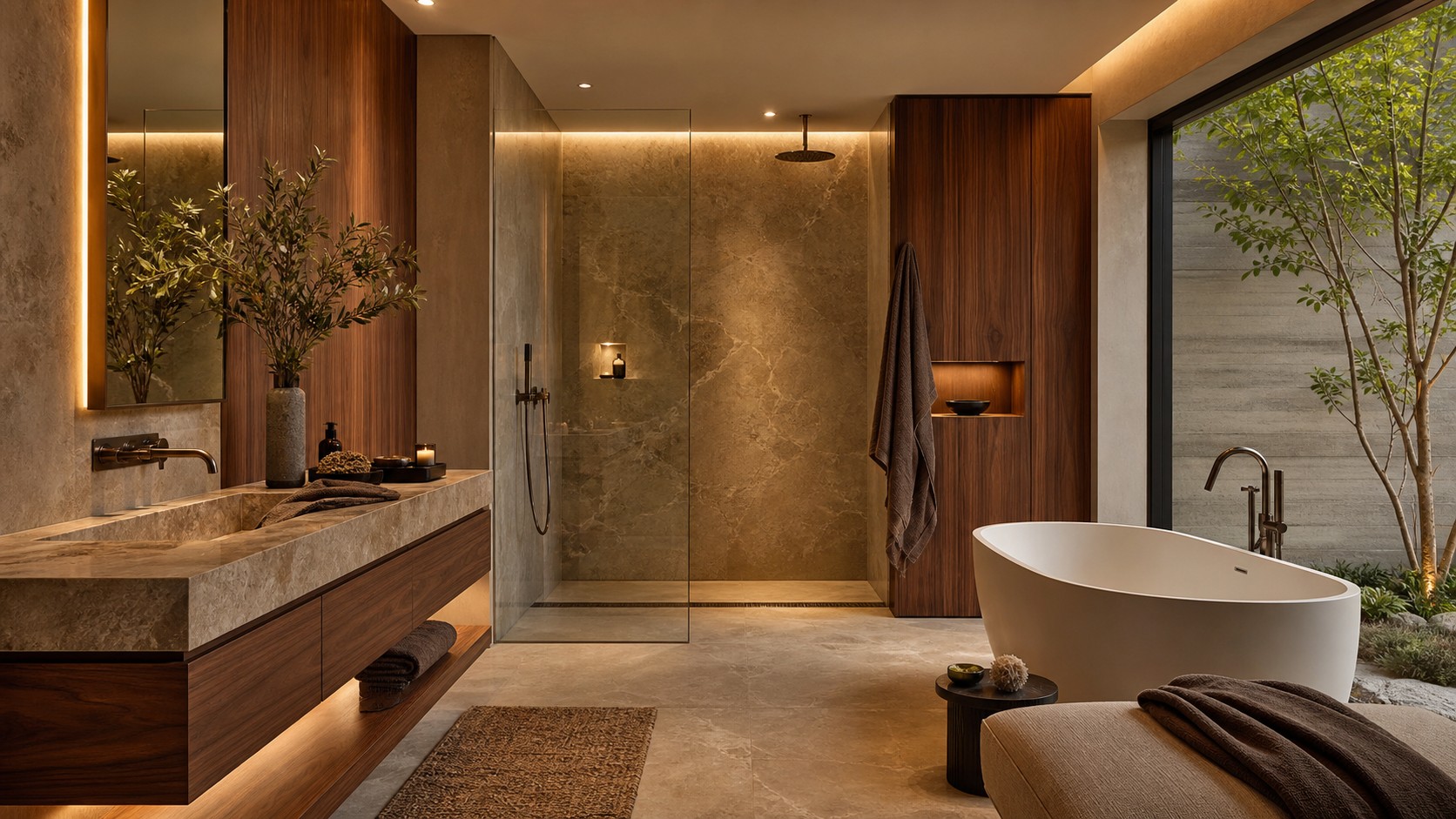 Warm modern luxury spa bathroom with walnut panels, creamy stone, glass shower, freestanding tub, and courtyard view.