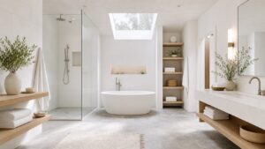 White-on-white modern oasis bathroom with skylight, pale oak shelves, gray floor, glass shower, and freestanding tub.